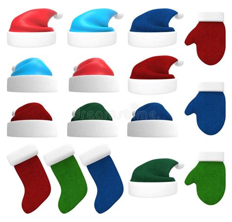 Santa Hat, Gloves and Stocking 3D Set Stock Illustration - Illustration ...