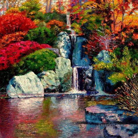 japanese waterfall garden Painting in Oil for Sale