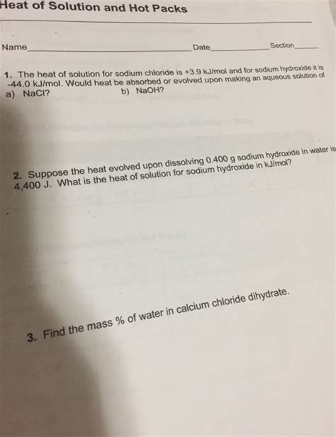 Solved Heat of Solution and Hot Packs Name Date Section 1. | Chegg.com