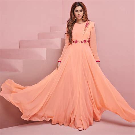 Buy Impressive Peach Colored Partywear Embroidered Georgette Gown for ...