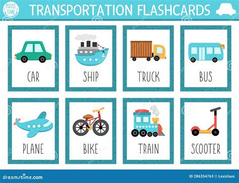 Vector Transportation Flash Cards Set with Car, Ship, Truck, Bike ...