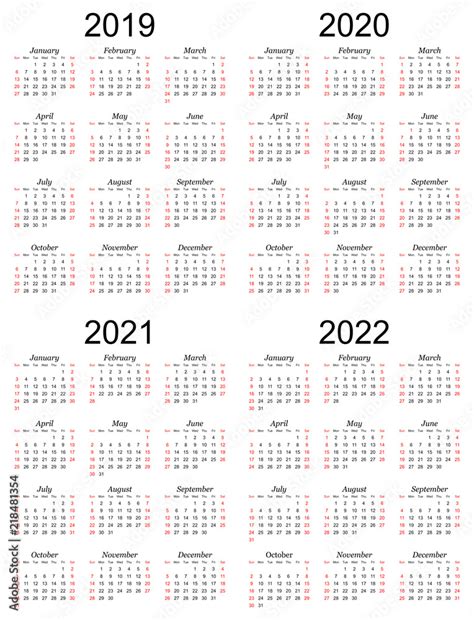 Four year calendar - 2019, 2020, 2021 and 2022 in white background ...