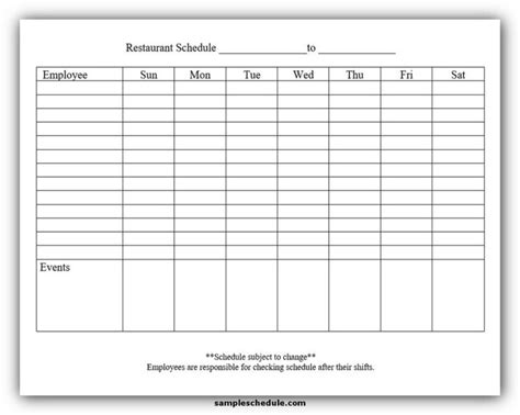 Restaurant Work Schedule Template Free