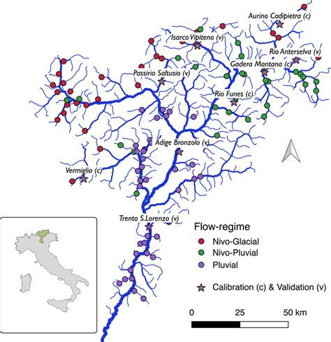 Map of the Adige River network (northeast Italy) showing the locations ...