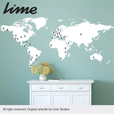 World Map Wall Decal With 60 Marking Pins World Map Decal Large A0037 ...