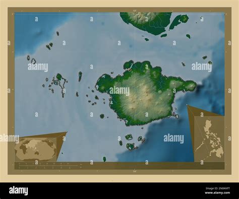 Basilan, province of Philippines. Colored elevation map with lakes and ...