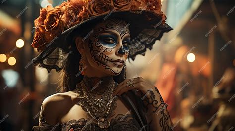 Premium AI Image | Woman in La Calavera Catrina Costume with Smoking Skull