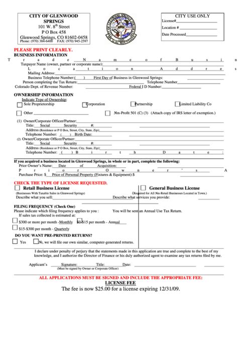 Business License Application Form - City Of Glenwood Springs printable ...