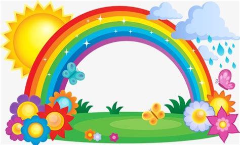 an image of a rainbow with flowers and butterflies