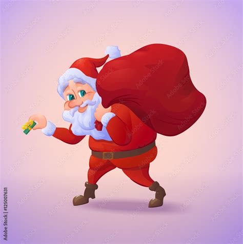 Santa claus sneaking with a gift in his hand and carrying sack of gifts ...