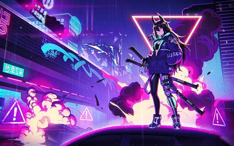 Cyberpunk, Anime Girl, Neo Seoul, Swords, Neon, Raining, neon sword HD ...