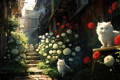 Premium Photo | A painting of a cat and a cat in a garden.