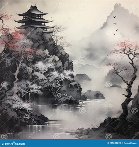 Modern Japanese Ink Wash Landscape Painting Stock Illustration ...