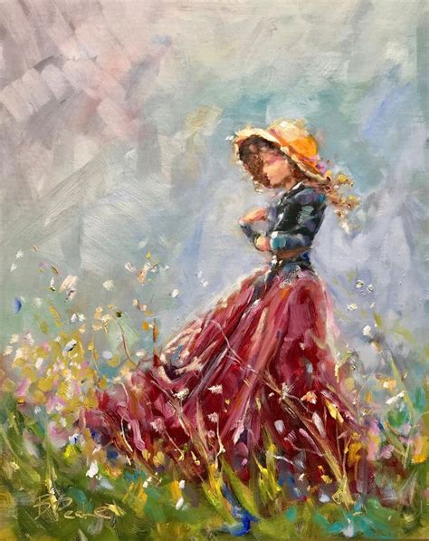 Original oil painting/impressionist style art/woman in field of flowers ...