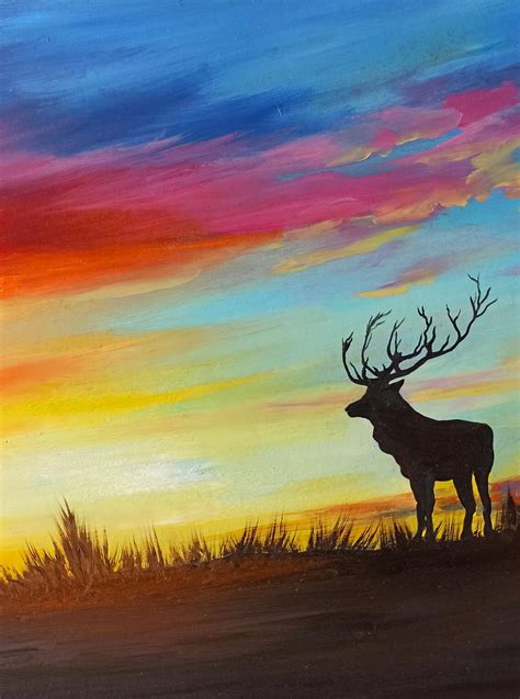 Deer Painting Sunset Wall Art Landscape Oil Painting Original | Etsy