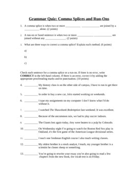 Grammar and Mechanics: Comma Splice Quiz (1) by Writing Guy | TpT