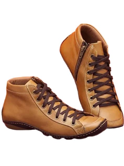 Lallc - Women's Flat Ankle Boots Zipper Lace Up Leather Casual Shoes ...