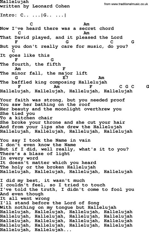 Leonard Cohen song Hallelujah, lyrics and chords | Hallelujah lyrics ...