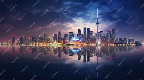 Premium AI Image | a futuristic city skyline with a reflection in the ...