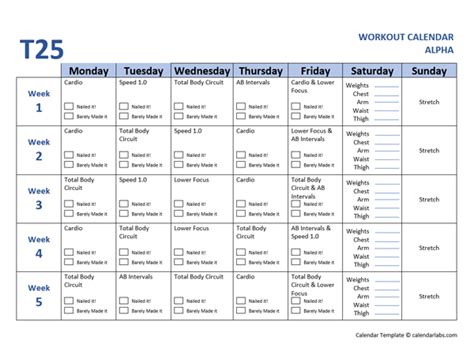 Printable T25 Calendar Alpha - Free Printable Templates