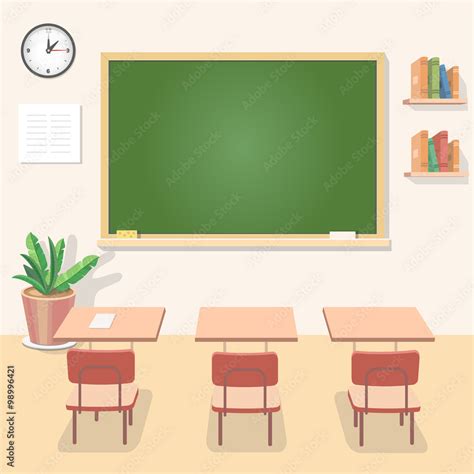 School classroom with chalkboard and desks. Class for education, board ...