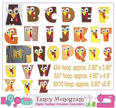 Turkey Alphabet Applique Thanksgiving Monograms Embroidery 26 Fonts ...