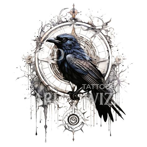 Raven on Compass Tattoo Design – Tattoos Wizard Designs