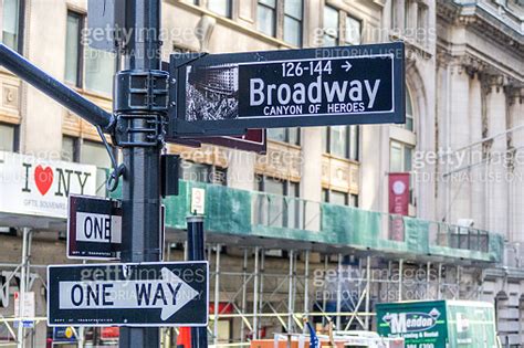 Broadway street sign in New York City. Broadway is known for its ...