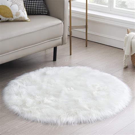 Buy Round Fur Rug Fluffy Area Rug for Bedroom, White Faux Fur Rug Furry ...