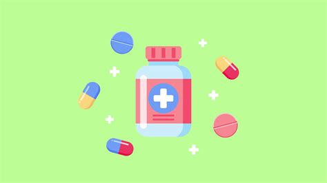 Medicine bottle and a few pills and capsules animation with a green ...