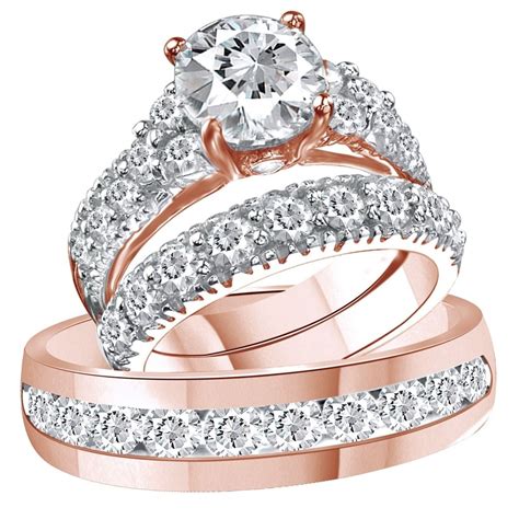 10K Solid Rose Gold D/VVS1 Diamond Trio Bridal Wedding Ring Band Set ...