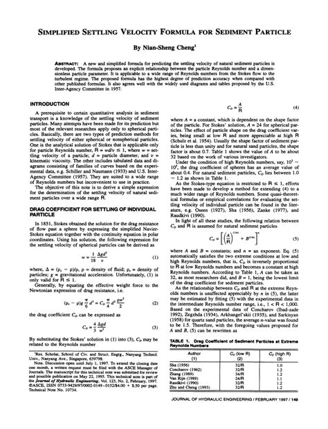 (PDF) Simplified Settling Velocity Formula for Sediment Particle