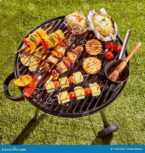 Vegetarian Kebabs and Vegetables Cooking on Grill Stock Photo - Image ...