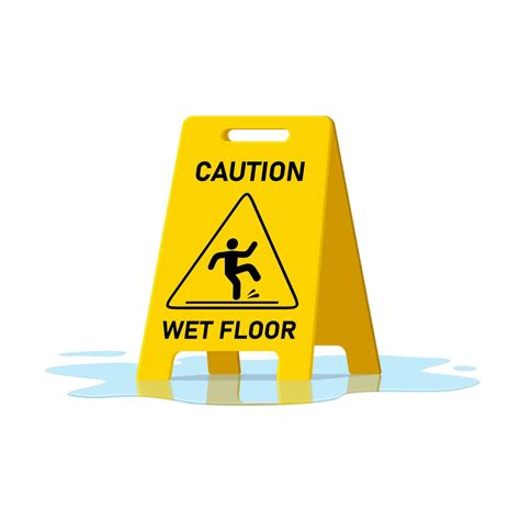 Wet floor caution sign and water puddle isolated on white background ...