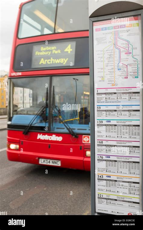 London bus stop and timetable with number 4 bus to Archway, North ...