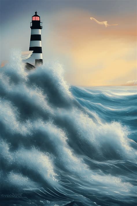 Lighthouse Folk Art Ocean Storm Digital Waves Water Graphic · Creative ...