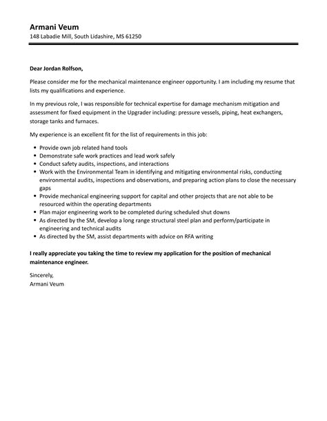 Mechanical Maintenance Engineer Cover Letter | Velvet Jobs