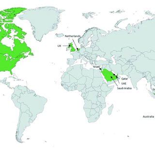 | World map representing the countries (in green) operating with a ...