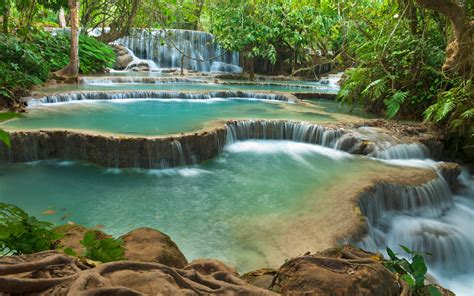 Kuang Si Falls Waterfall In Laos Landscape Hd Wallpaper 3840x2400 ...