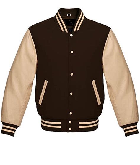 Men's Brown Varsity Jacket with Cream Leather Sleeves - Jackets Creator