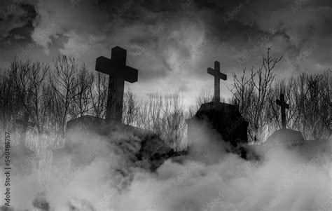 Halloween day concept. Cemetery or graveyard in the night with dark sky ...