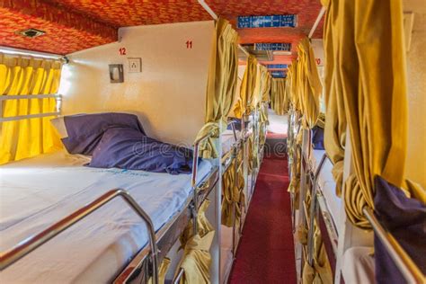 BHOPAL, INDIA - FEBRUARY 5, 2017: Interior of a Sleeper Bus in Ind ...