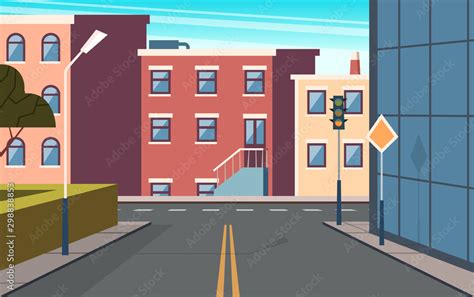 City street cartoon. Urban structure buildings crossroad vector ...