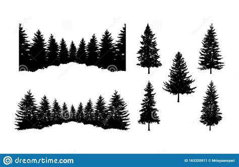 black and white silhouettes of pine trees