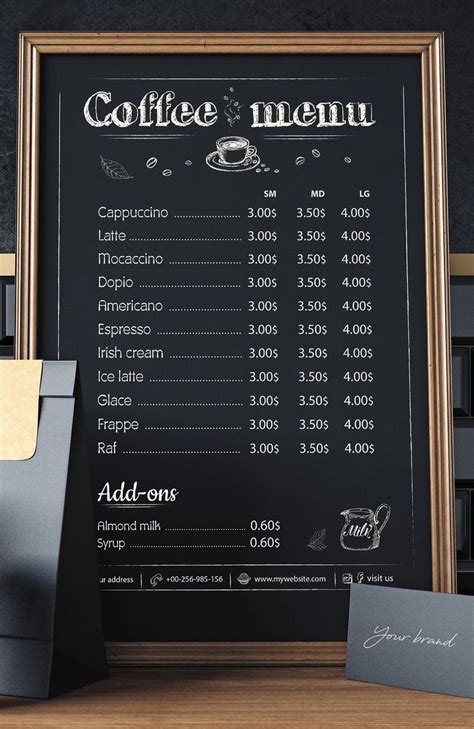 a coffee menu on a blackboard next to a cup of coffee and a sign