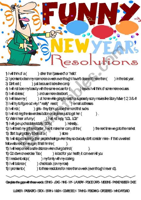 Funny New Year´s Resolutions- Vocabulary gap-filling activity ...