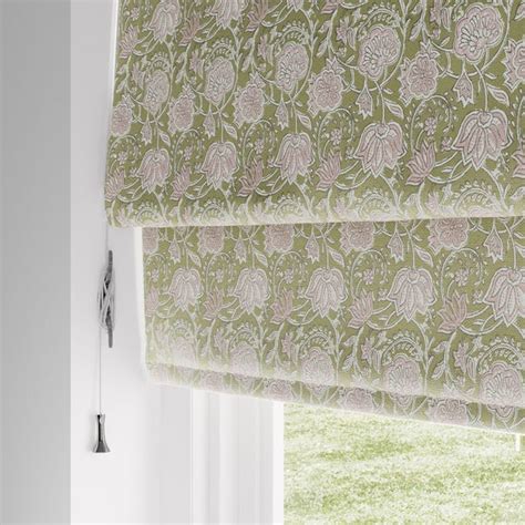 Woodblock Floral Moss Green Blackout Roman Blind | Dunelm