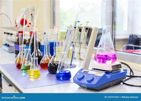 Chemical Analysis, Pharmacology and Laboratory Concept. Flasks and ...