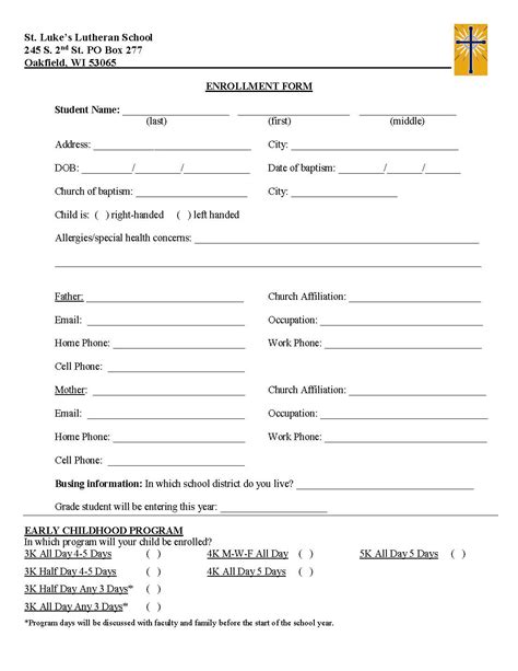 Enrollment Form | St. Luke's Lutheran Church and School