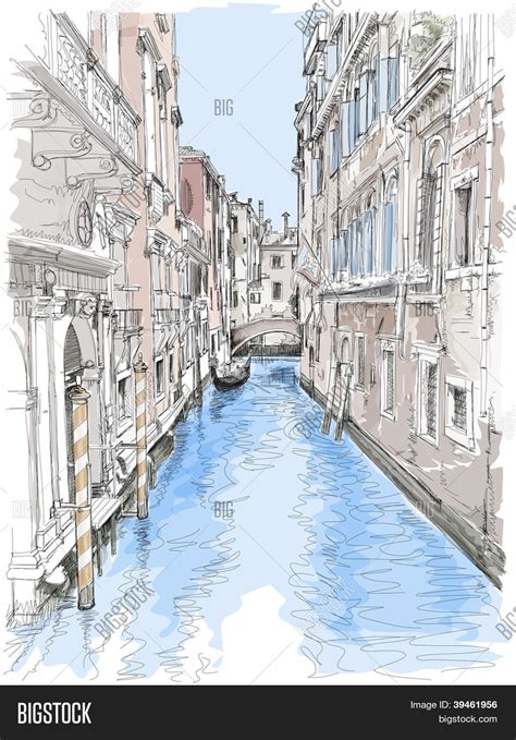 Venice - water canal, old buildings & gondola away. Vector drawing ...